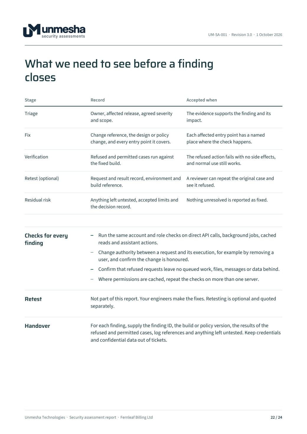 Closure checklist page from the fictional sample report