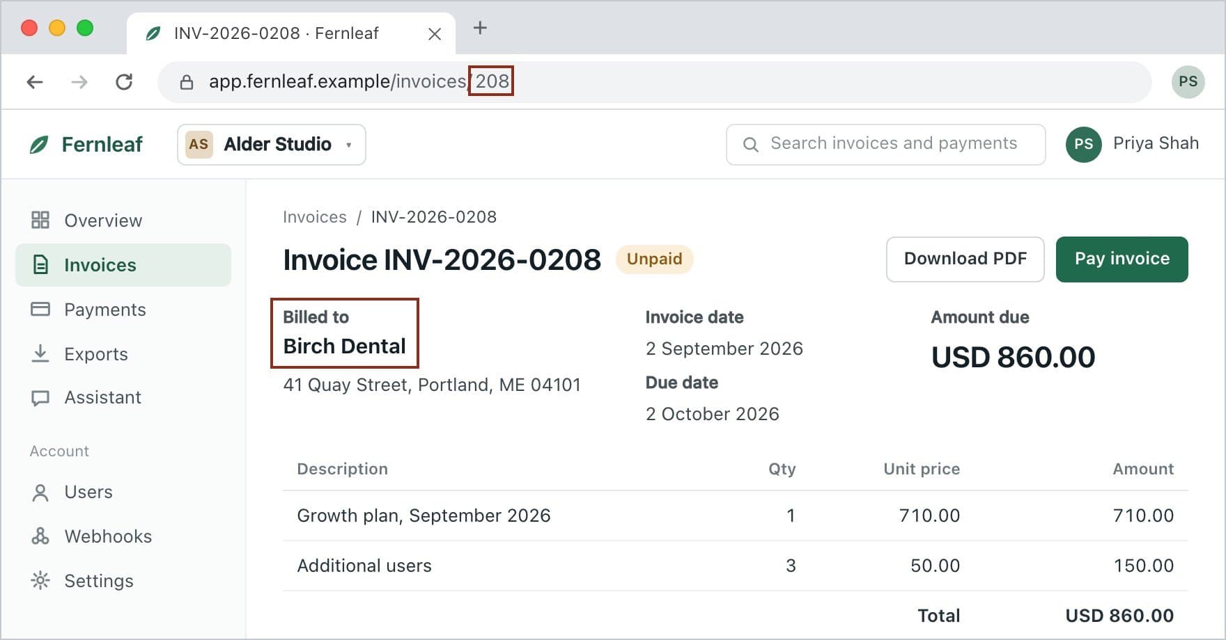 Fictional Fernleaf Billing app signed in to Alder Studio’s account. The address bar shows /invoices/208, and the invoice on screen is billed to Birch Dental, a different customer. The invoice number in the address and the Billed to name are outlined.
